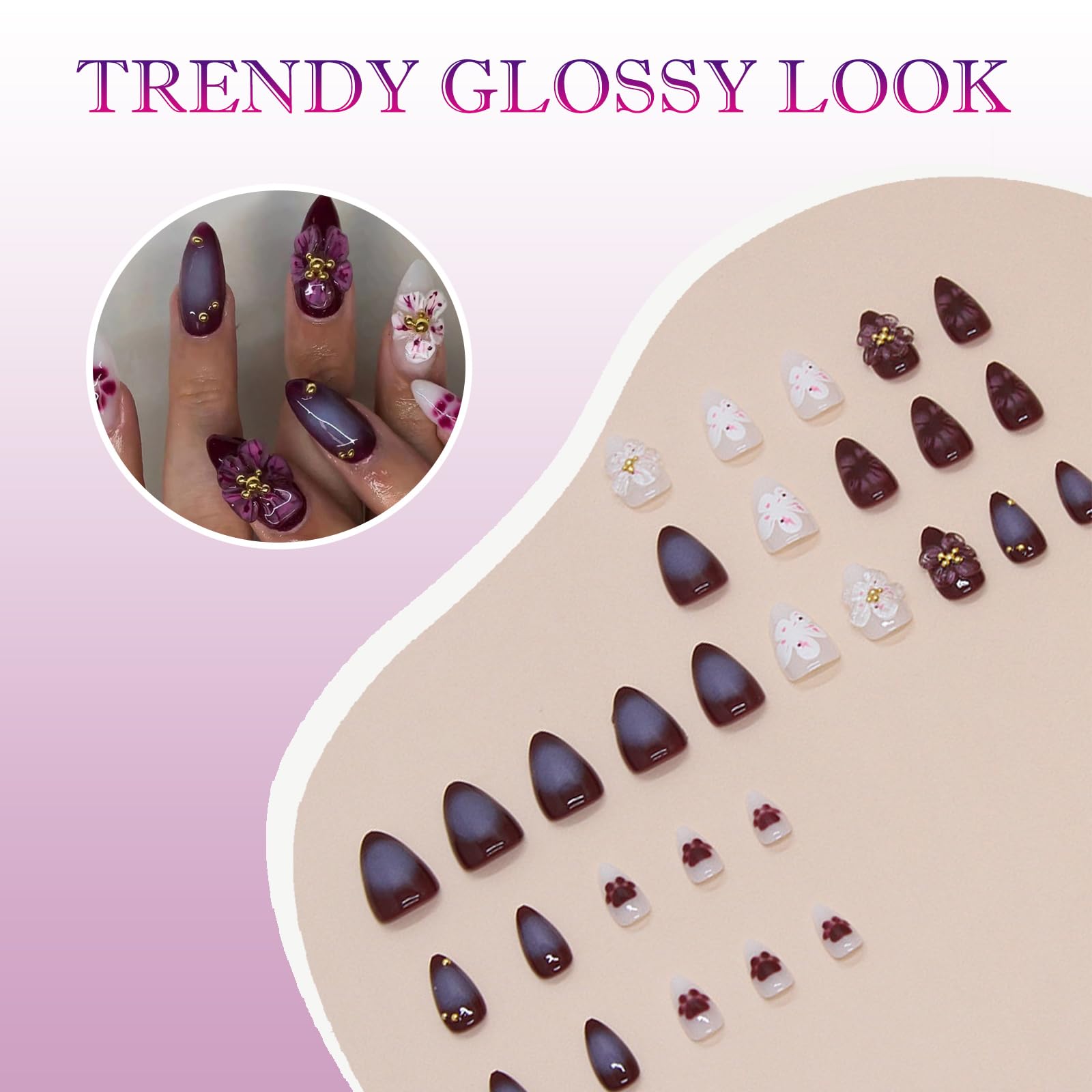 30PCS Blooming Peach Press On Nails with Accessory Tools, Reusable 3D Floral Almond Fake Nails Medium Long - Image 4