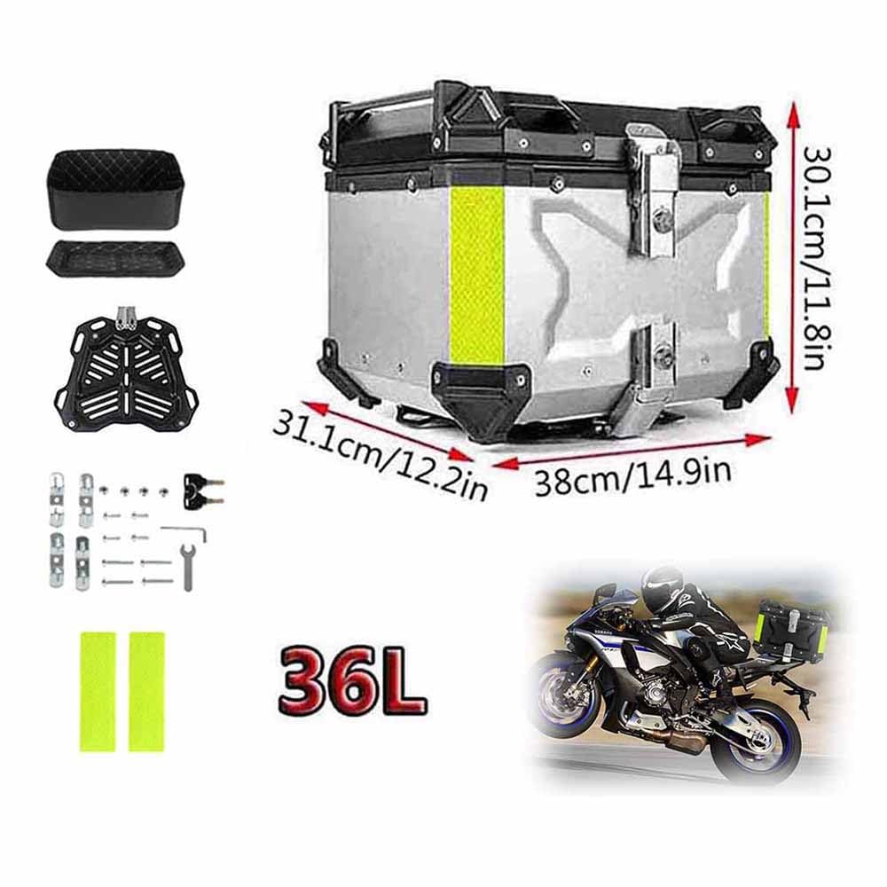 Coffre Valise pour Moto Aluminium Top Case De Moto Étanche avec Serrure De Sécurité, pour Scooter, Moto, Mobylette, Quad, 28L 36L 45L 55L 65L 80L 100L(Silver,36L)