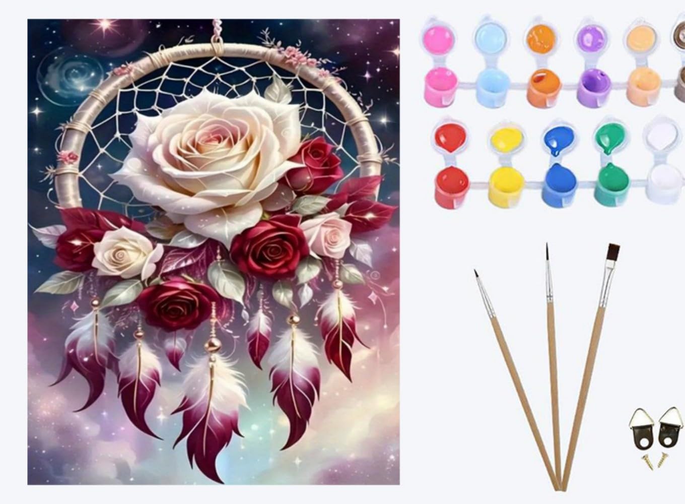 Xiaoyouqian Colorful Pink Rose Feather Dream Catcher，Paint By Numbers For Adults, Diy Oil Number Painting Canvas Kits, Kids Adults For Gifts Home Wall Decor ，20X16inch，Frameless