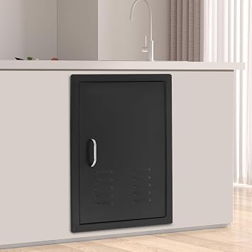 BBQ Access Door Black with Air Vents, 16.93 * 24.02in Kitchen Access Door, Flush Mount Single Vertical Door with Handle for Outdoor KitchenBlack, 16.93 * 24.02in with Air Vents