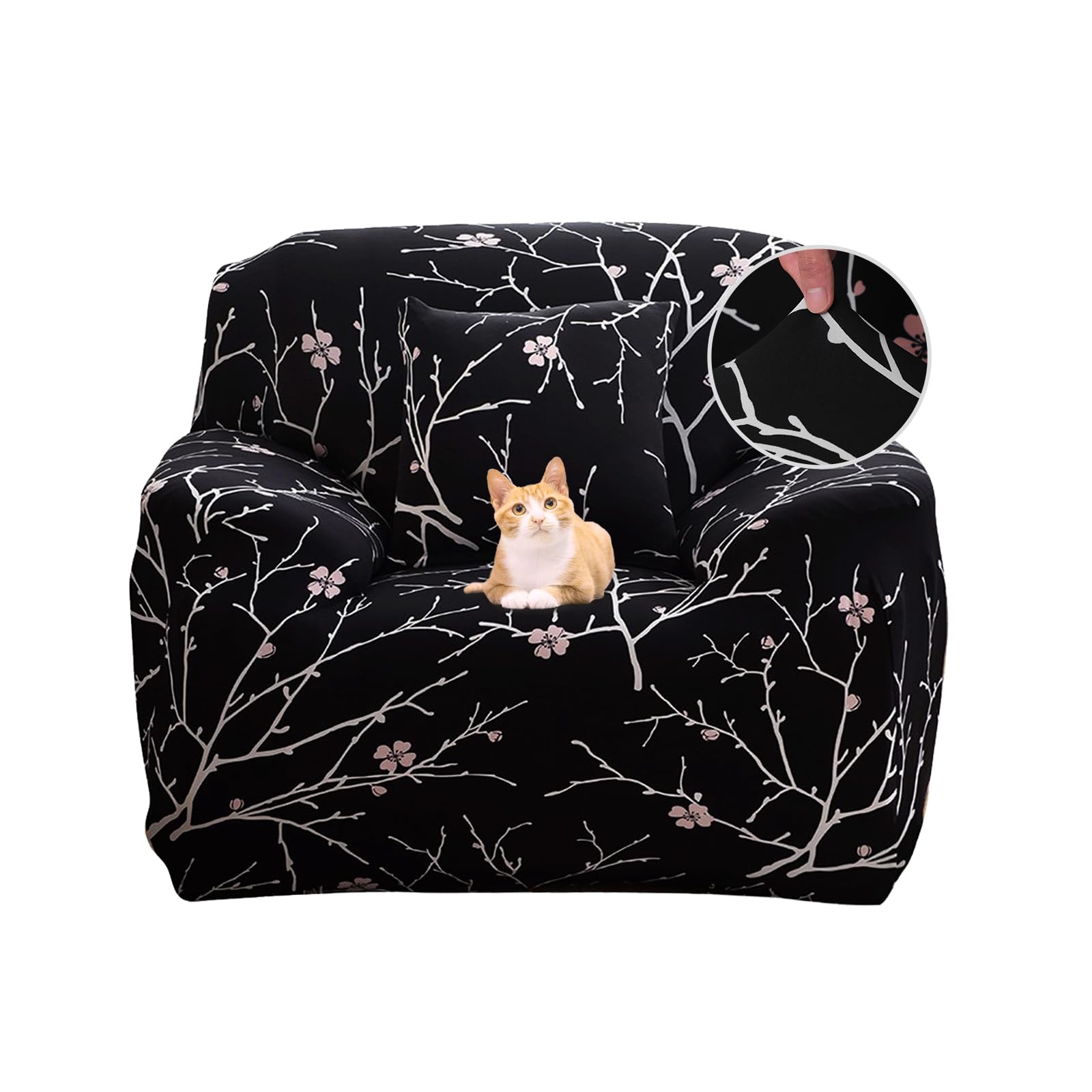 Jaotto Copridivano 1 Posto Elasticizzato, Fodera per Divano Elasticizzato Fantasia Antiscivolo Antimacchia, Copridivano con Braccioli Tessuto Super Morbido Universale(Fiore Nera,1 Posto)
