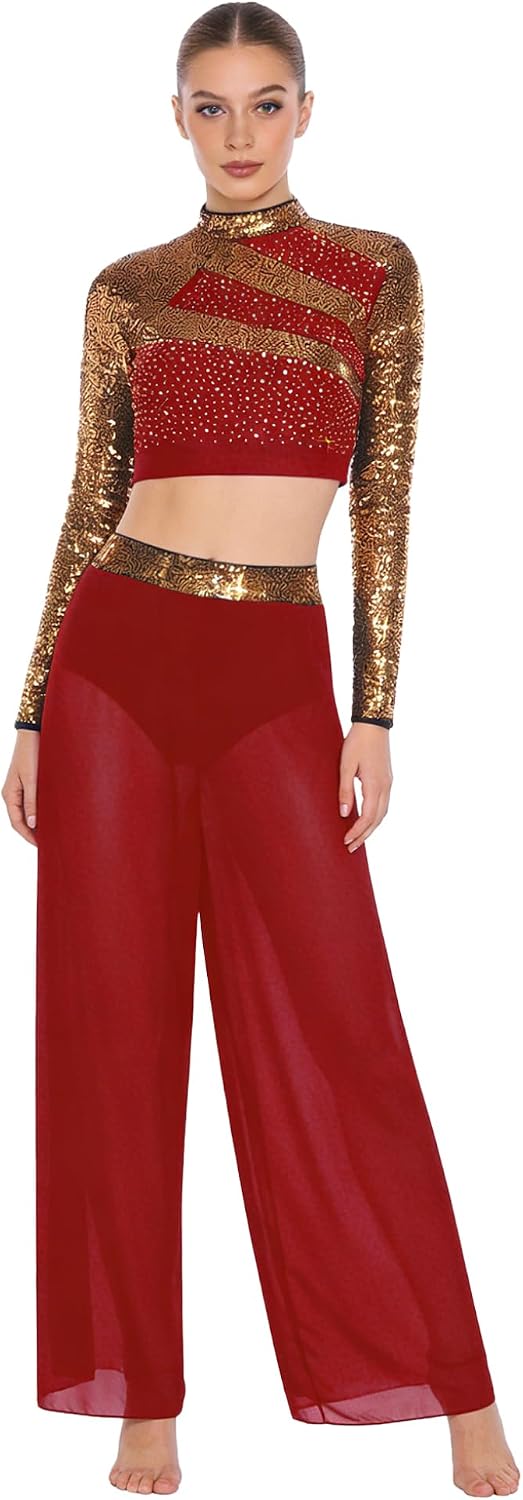 JanJean Adult Women Shiny Sequin Lyrical Dance Costume Rhinestone Latin Jazz Dancewear