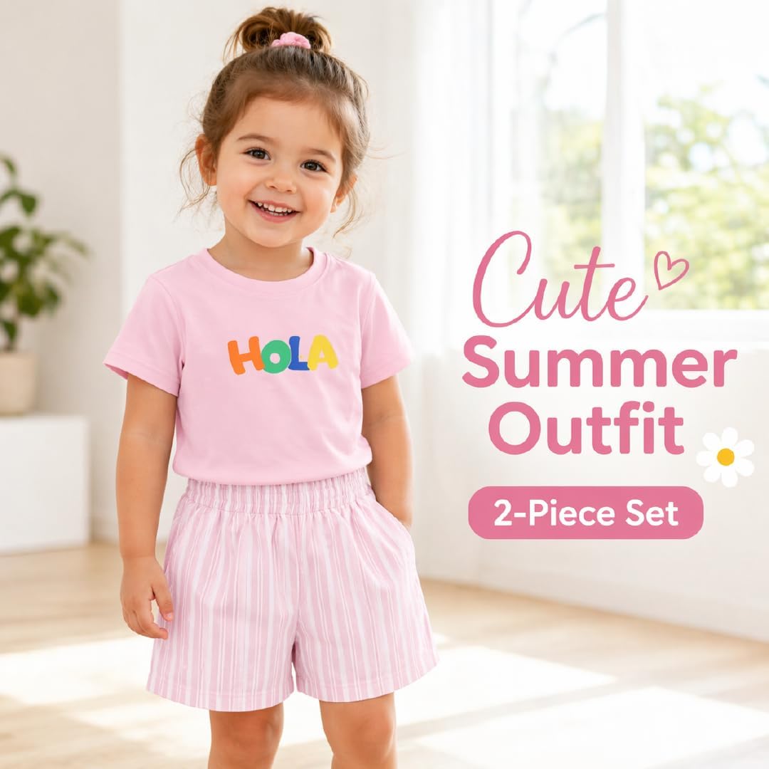 Toddler 2-Piece Short Set, Rainbow Text T-Shirt and Striped Shorts, Unisex Casual Outfit