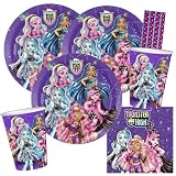 BeenSmile Party-Set Monster High, 36-teilig, Pappteller, Pappbecher, Servietten + 8 Papiertrinkhalme für Kindergeburtstag