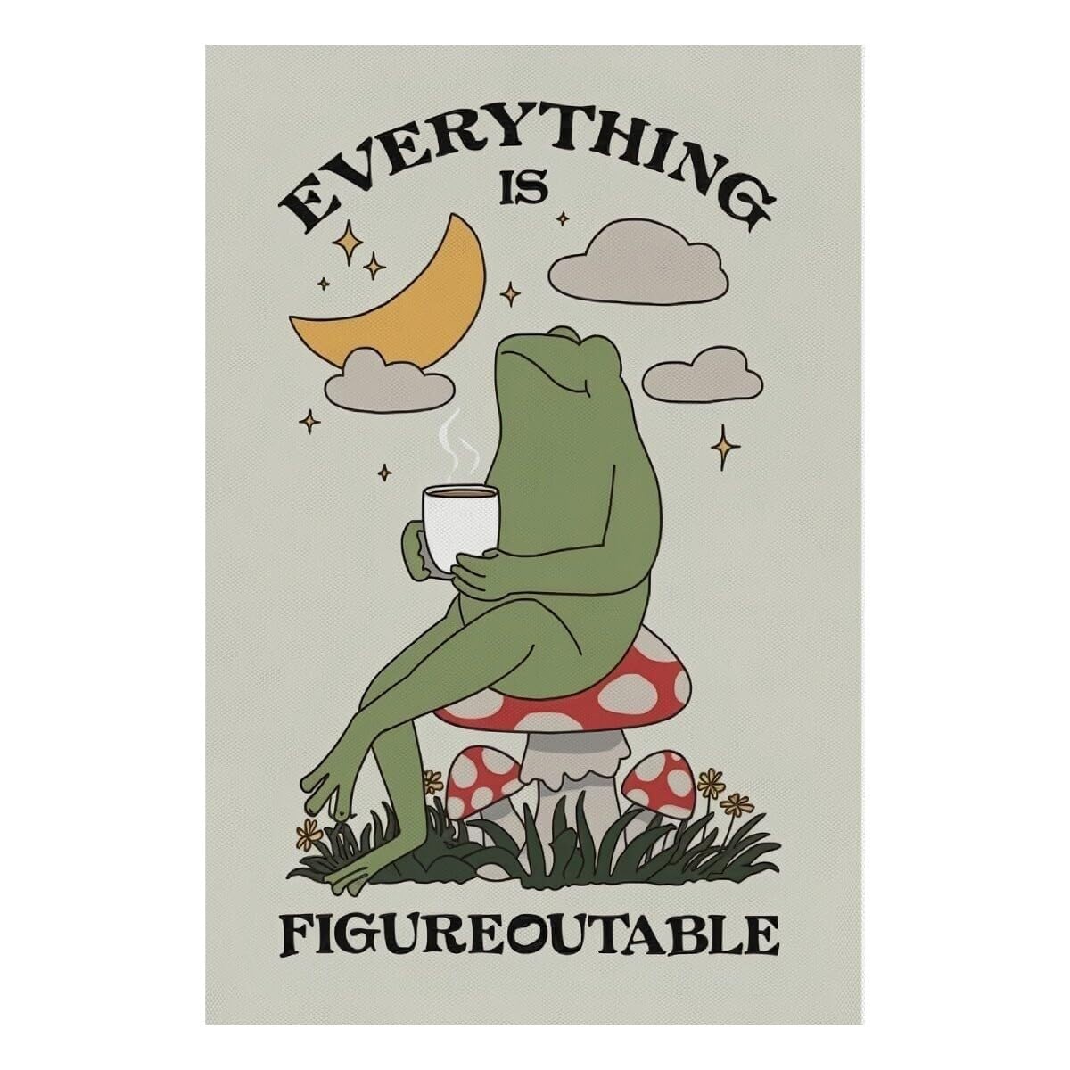 SSOPTMCB Frog with Coffee Motivational Wall-Art - Everything is Figureoutable Quote Print for Mental Health and Affirmation Decor(Framed,16x24inch(40x60cm))