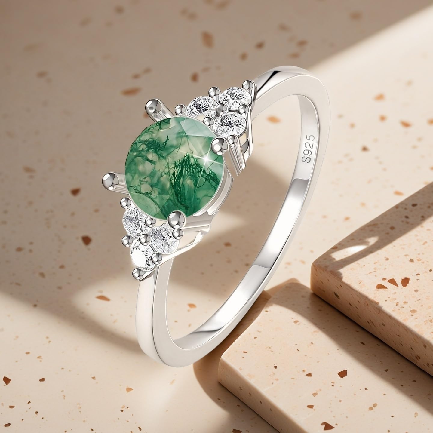 S925 Sterling Silver Natural Moss Agate Ring Engagement Ring Wedding Promise Ring Jewelry for Women