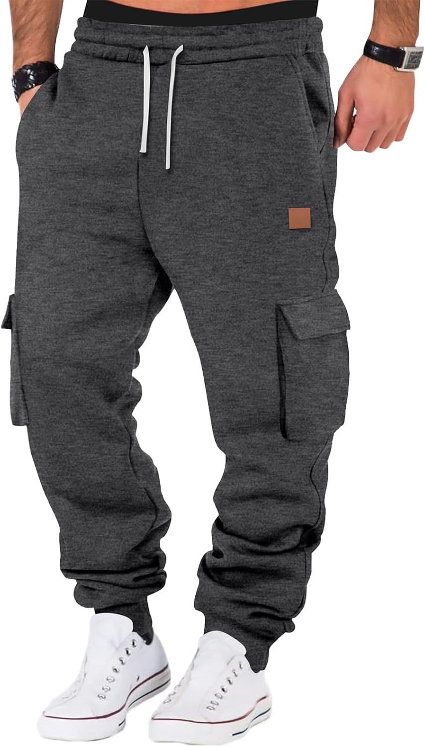 A WATERWANG Men's Fleece Cargo Sweatpants Casual Cotton Tapered Drawstring Athletic Workout Joggers Sweat Pants with Pockets