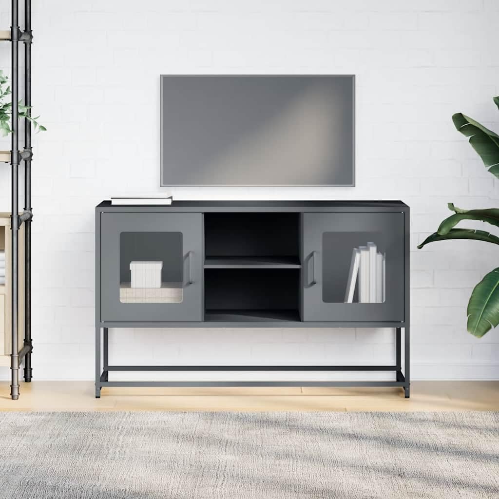 Mueble de TV con soporte de pared antivuelco: Mueble de TV industrial de acero laminado en frío y banco de TV estable con dos opciones de montaje en antracita