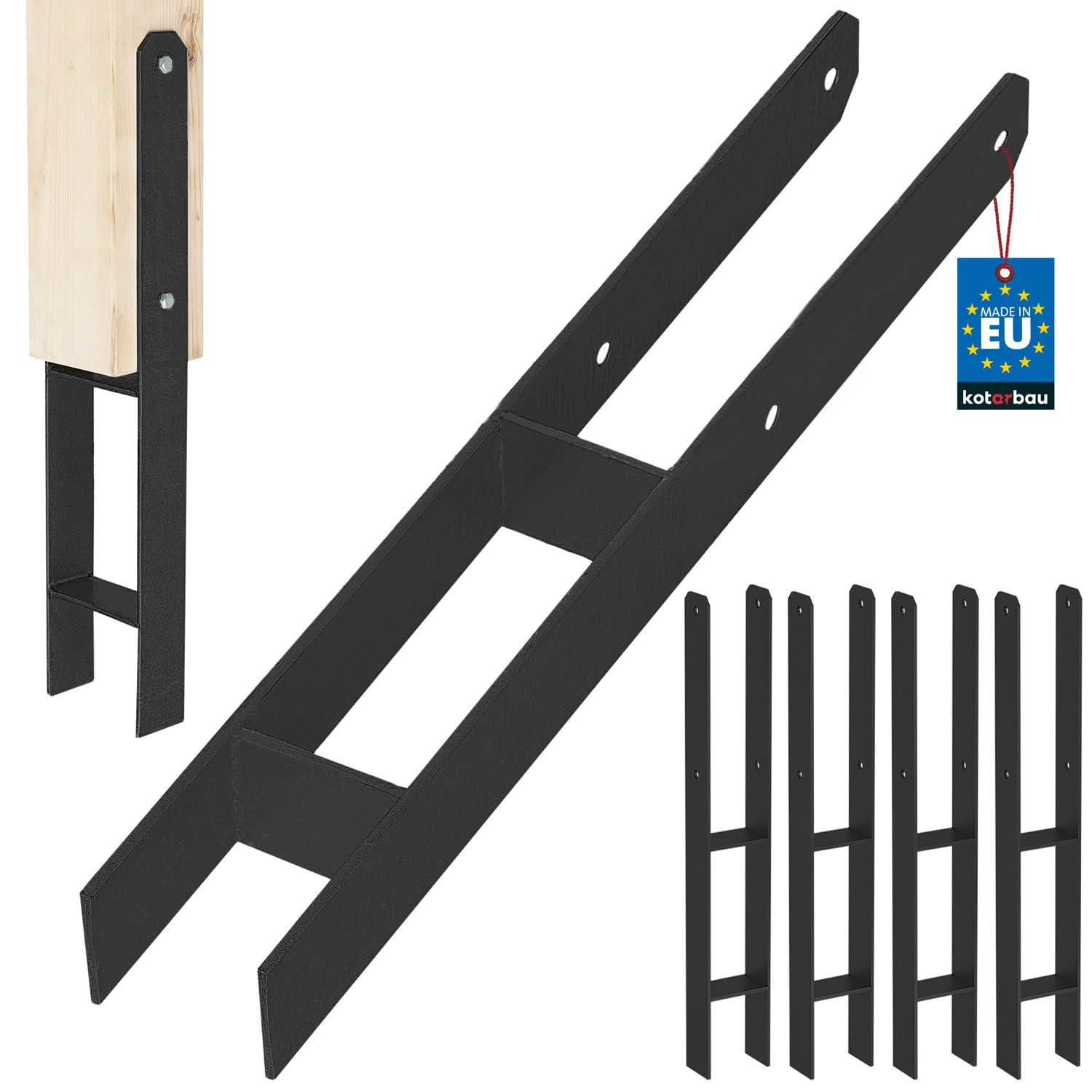 KOTARBAU® Pack of 4 H-Post Holders for Embedding in Concrete, 70 mm / 600 mm, Galvanised Powder-Coated Steel, Black Post Anchor, Joist Shoes, Support Foot, Post Shoe with Concrete Anchor, Steel — image 1
