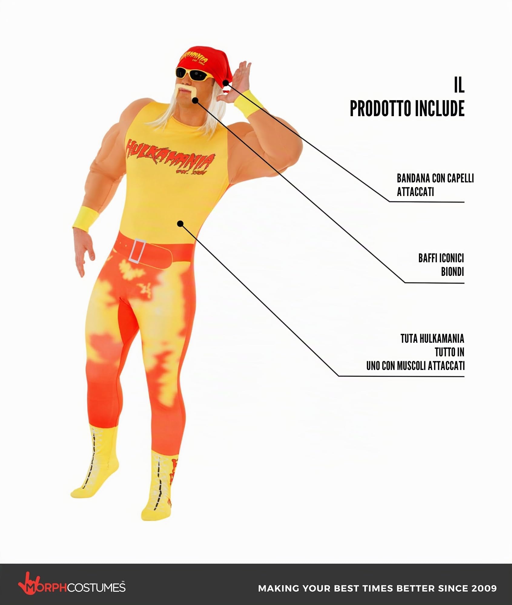 Morph Hulk Hogan Costume Adulto, Costume Hulk Hogan Adulto, Costume Wrestling Uomo, Costumi WWE