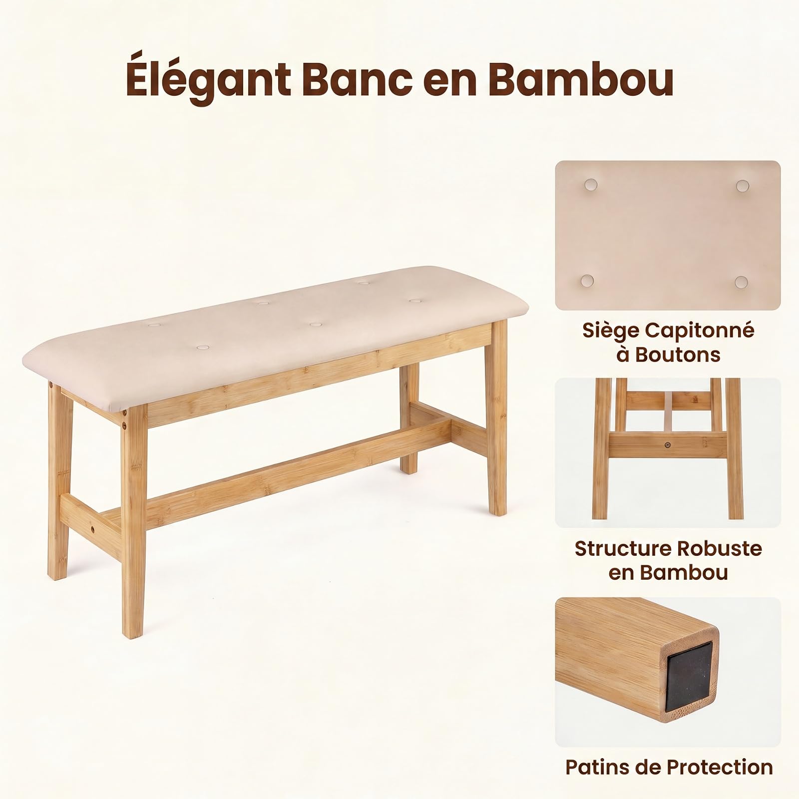 SOARS Banc en Bambou Rembourré Mousse Élastique, Banc d’Entrée 100 X 30 CM