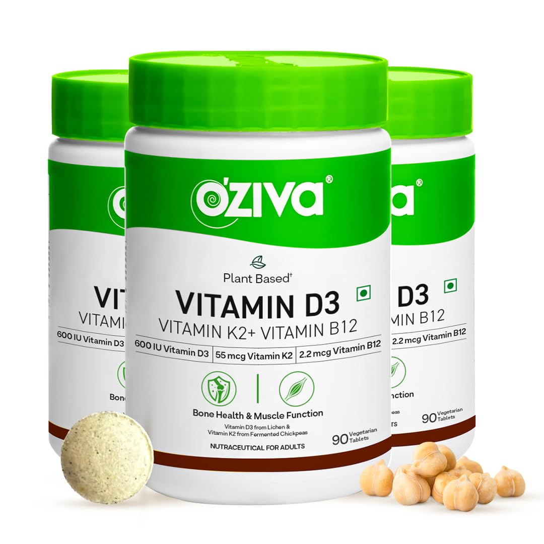 OZiva Vitamin D3, K2 & B12 | With Vitamin D3 For Stronger Bones, K2 (MK7) for Bone Density & B12 for Muscle Growth & Recovery - 270 Tablets (Pack 3)