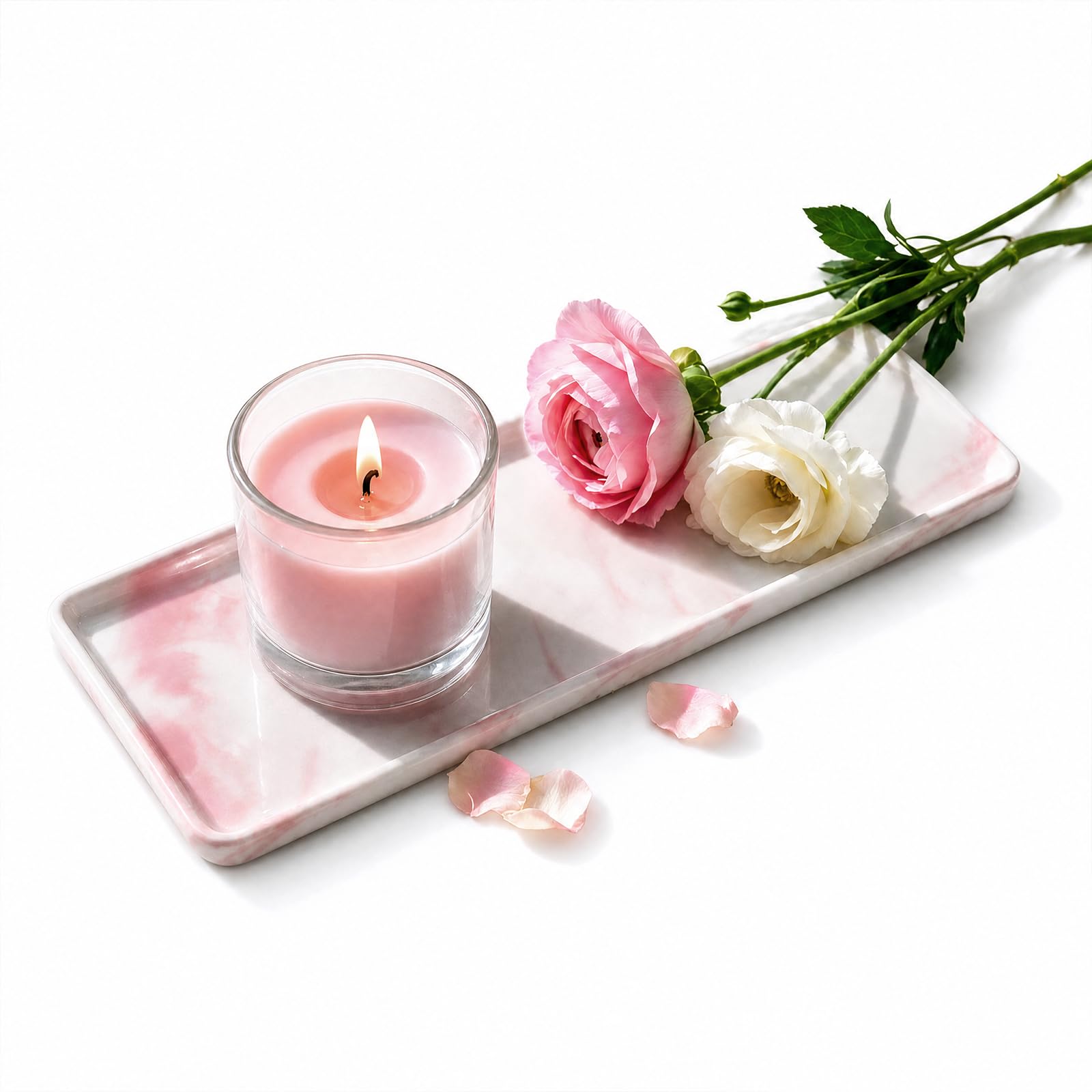 26.5x9x1.2cm Marble Stone Decorative Tray,Ceramic Bathroom Vanity Tray for Bath & Kitchen Sink，Rectangle Jewellery Plate for Cosmetics, Perfume, Soap Dispenser, Candle (Pink)