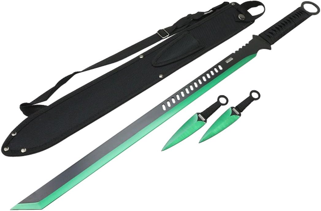 DEFENDER XTREME 27" Green 2 Tone Blade Sword with 2 Throwing Knives and Sheath