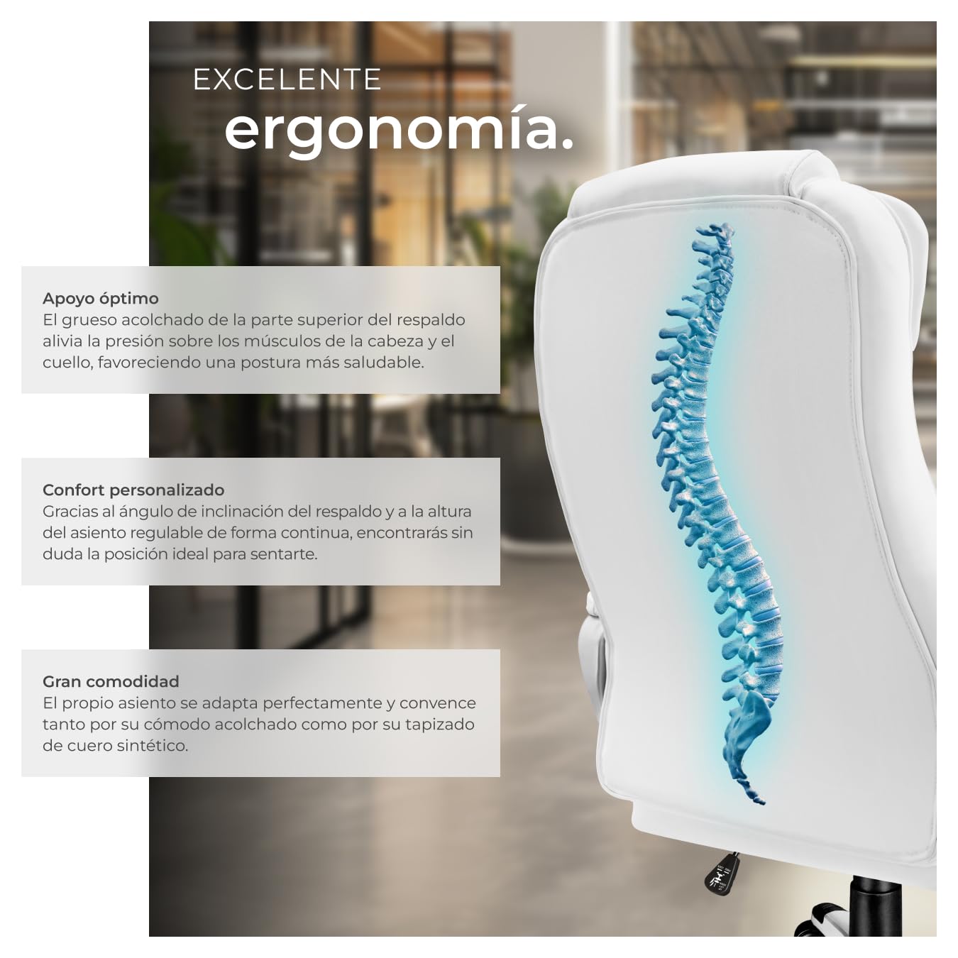 tectake® Silla EJECUTIVA DE DISEÑO, Silla Giratoria Oficina, Sillón Ergonómico con Acolchado, Altura Ajustable, Silla Oficina Ergonomica, Sillas Escritorio - Blanco