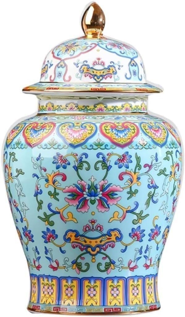 MESCXTY Ceramic Ginger Jar with Lid, Gold Enamel Porcelain Temple Vase, Floral Decorative Tea Storage Jar(Grün)