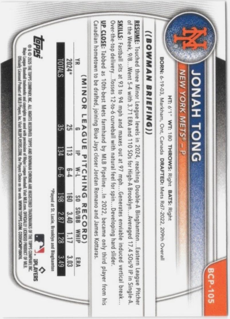 Amazon.com: 2025 Topps Bowman Chrome Jonah Tong #BCP105 New York