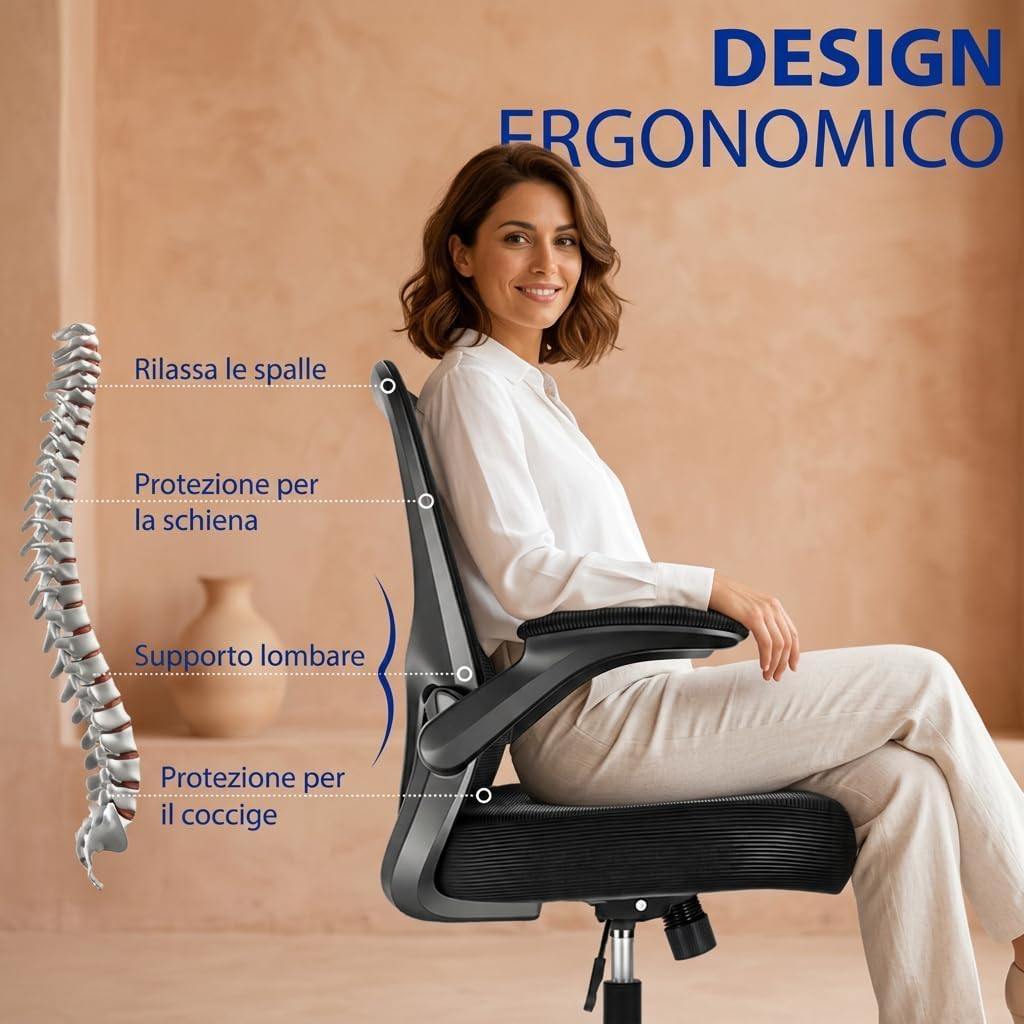 Sedia Ufficio Ergonomica, Sedia da Scrivania e PC Girevole con Supporto Lombare Regolabile, Schienale in Rete, Braccioli Ribaltabili, Altezza Regolabile, Basculante, Nero