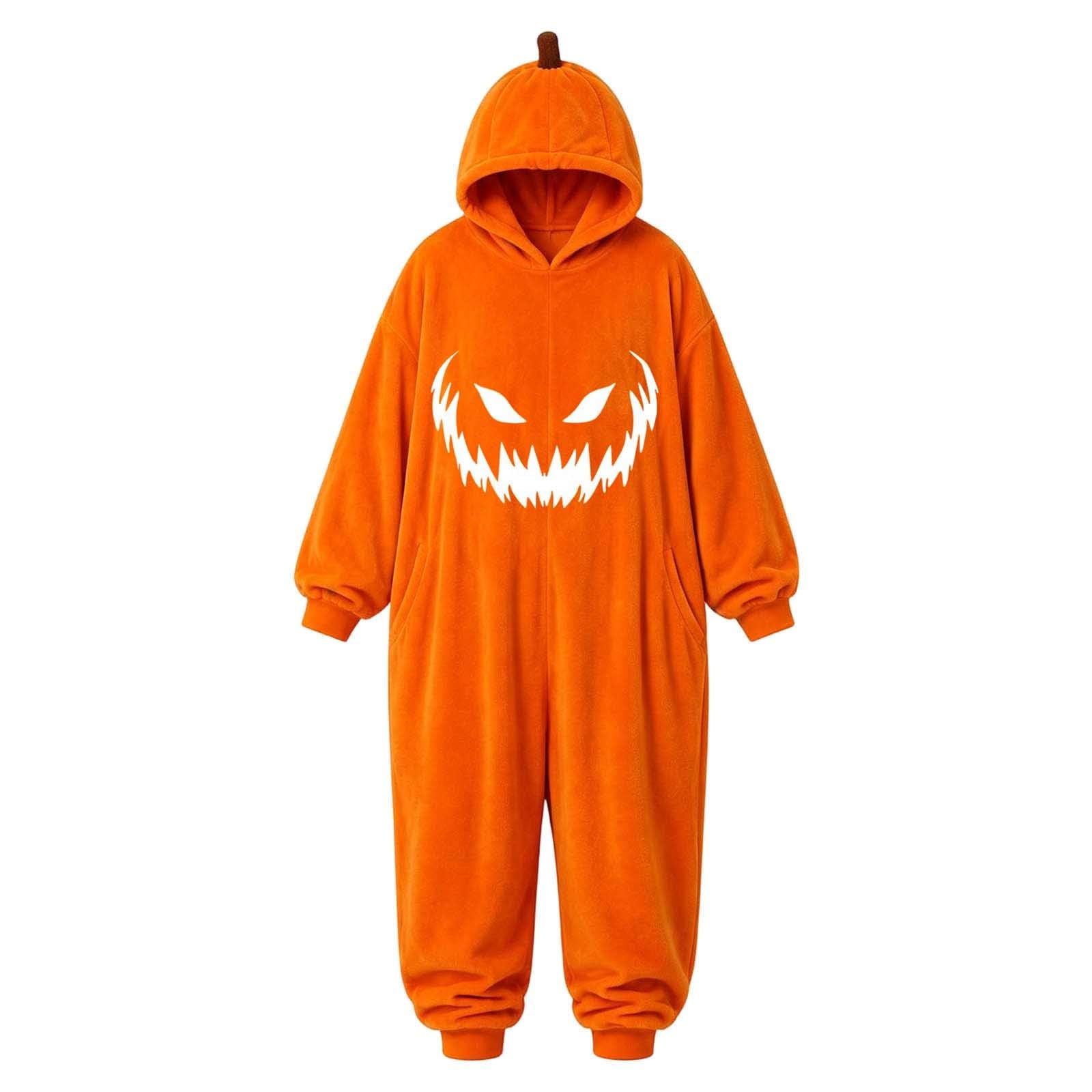 Pigiama Halloween Adulto Tuta Zucca Cartoon con Cappuccio Stile Cartoon Halloween, Pigiama Zucca Adulto, Tuta Intera con Cappuccio per Feste e Cosplay