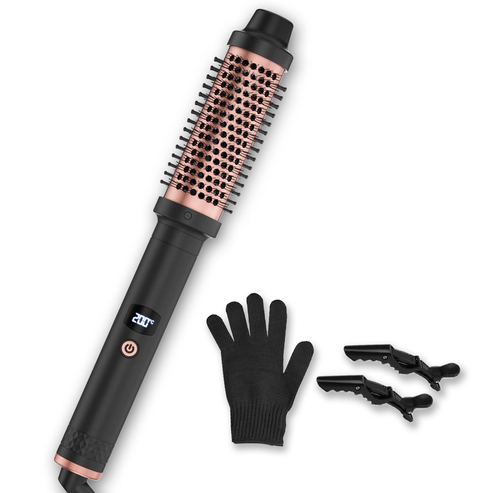 Qingning Spazzola Termica 38mm, Thermal Brush con Display Digitale LCD 120-200 ℃, Spazzola Arricciacapelli per Capelli Ricci, Spazzola Rotonda Spazzola Lisciante per Capelli Lunghi e Corti (Dorato)
