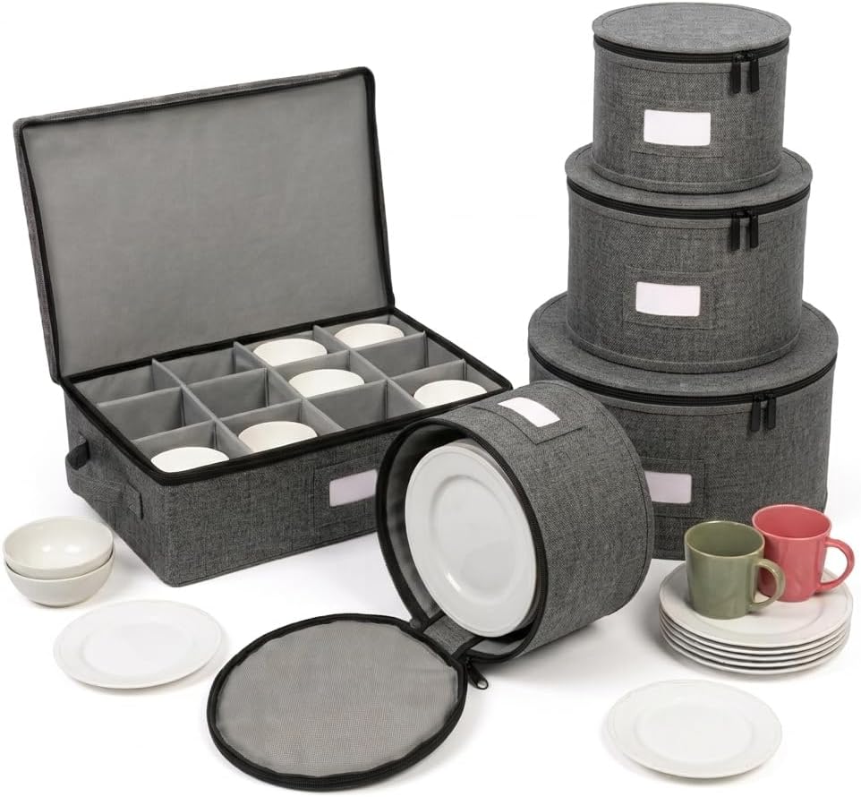 Vailando Hard Shell China Storage Containers, 5 Piece Dinnerware Storage Set for Dinner Plates, Salad Plates, Wine Glasses and Mugs, Quilted Dividers for Moving and Seasonal Storage, Gray