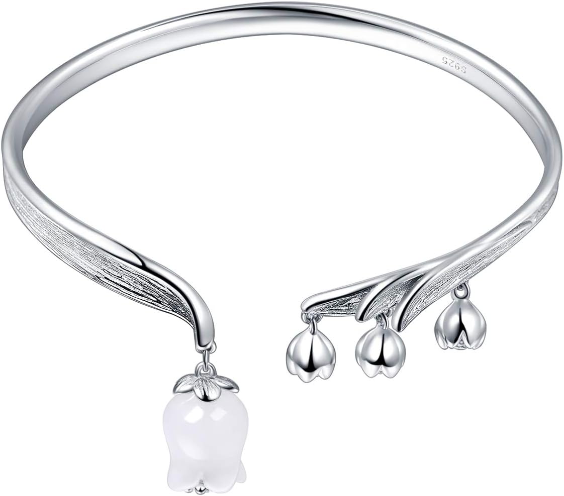 Jewever Lily of the Valley 925 silver bracelet with original romantic natural white jade flower adjustable ladies' jewelry