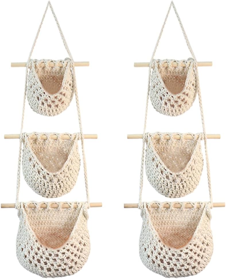 Kichvoe 2pcs Hand Woven Hanging Fruit and Vegetable Storage Basket Organizer for Kitchen Rope Design Space-saving Mesh Wall Hanging