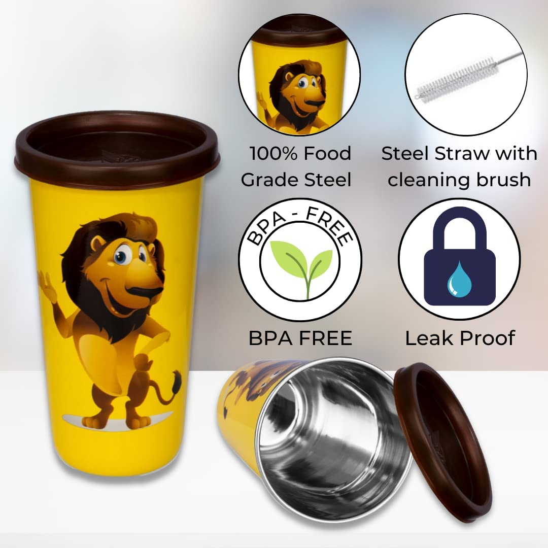 PddFalcon Stainless Steel Tumbler Lion Cartoon Print Steel Straw Glass, CN2,100% Leakproof BIS Certified, Jindal Seal & Made in India- 450ml 2