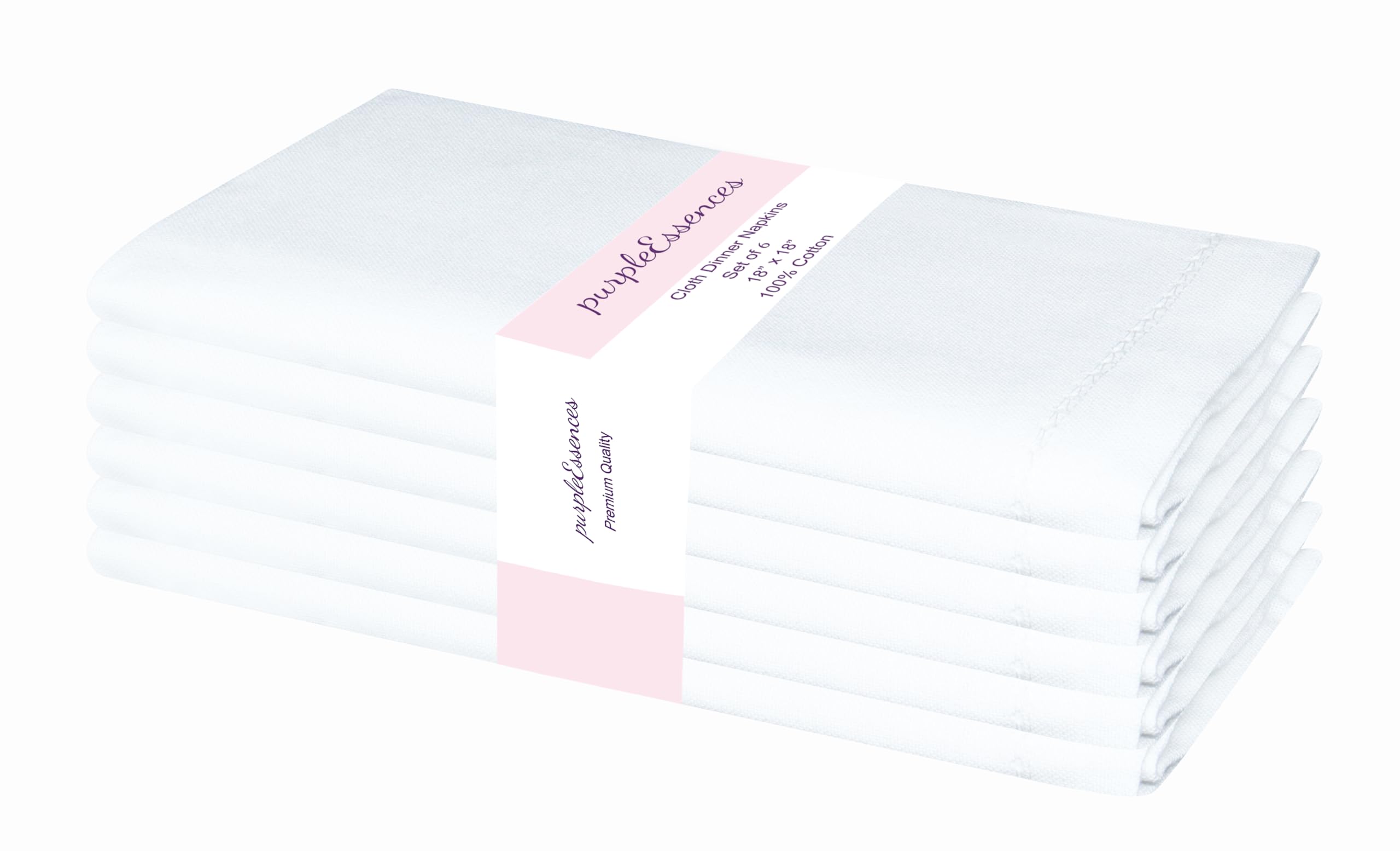 PurpleEssences Set of 6 Hemstitch Cloth Dinner Napkins 100% Cotton - Soft Durable Washable - Ideal for Wedding Spring Easter Summer - Perfect Everyday Use Table Linen 18x18 - White