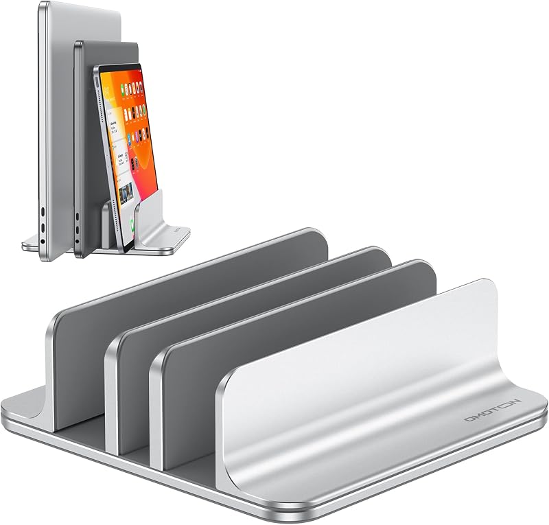 Soporte vertical para computadora portátil con múltiples ranuras, compatible con MacBook, plateado brillante | Ancho ajustable de 0 a 1,38 pulgadas, oficina de aluminio que ahorra espacio para escritorio, se adapta a MacBook/Book/iPad de hasta 17,3 pulgadas