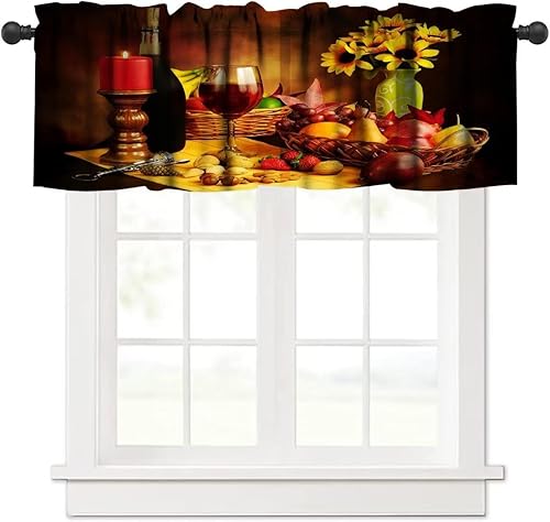 Miniatura 2 de Cortina de cenefa de vino, flores de vino tinto, frutas y nueces con vela, romántica cenefa de cortina para cocina, comedor, comedor, decoración del