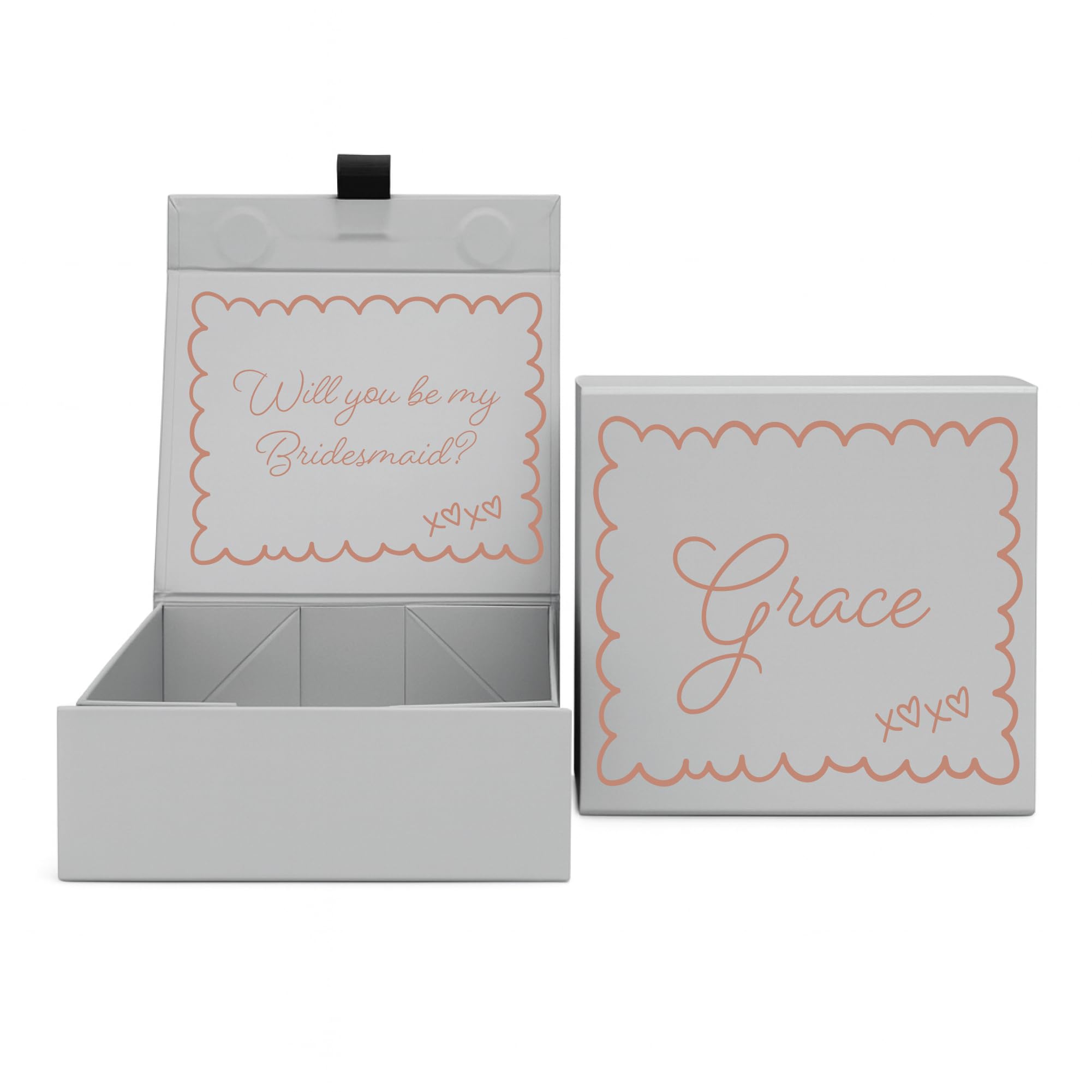 COOKIES AND KOALAS Personalised Grey Bridesmaid Proposal Box – Custom Name Gift Box – Scallop Design – Small 12x12x5cm