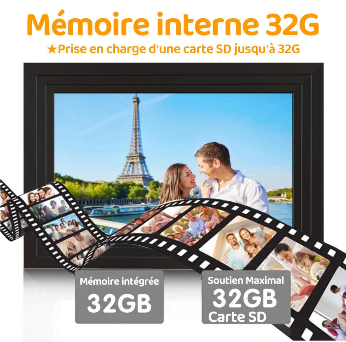 Cadre Photo Numérique WiFi - 10.1 Pouces，IPS Écran Tactile HD, Mémoire de 32 Go, Rotation Automatique,Partagez des Photos Via Frameo App,Noir