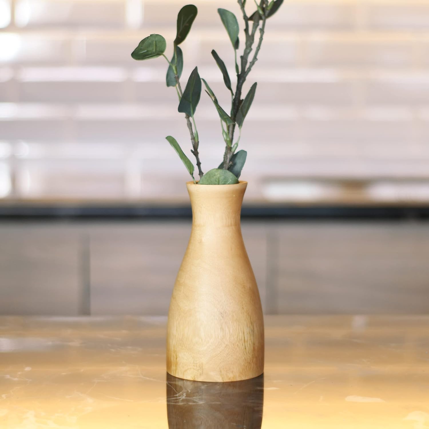 AeraVida Natural Brown Stain Mango Tree Wood Bottle Shaped Slim Vase for Flower, 8 inches (Light Brown)