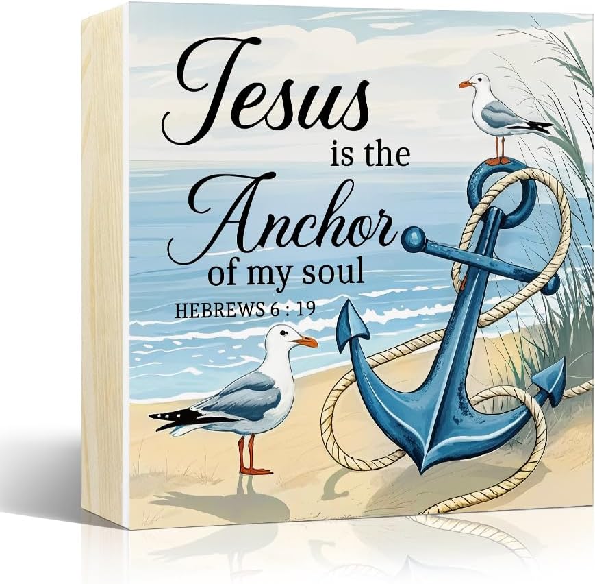 Jesus Is The Anchor Of My Soul Wooden Box Sign, Funny Anchor Office Desk Decor for Religious Lover Coworker Friend, Christian Gifts Wooden Box Sign Plaque for Home Bedroom Shelf Wall