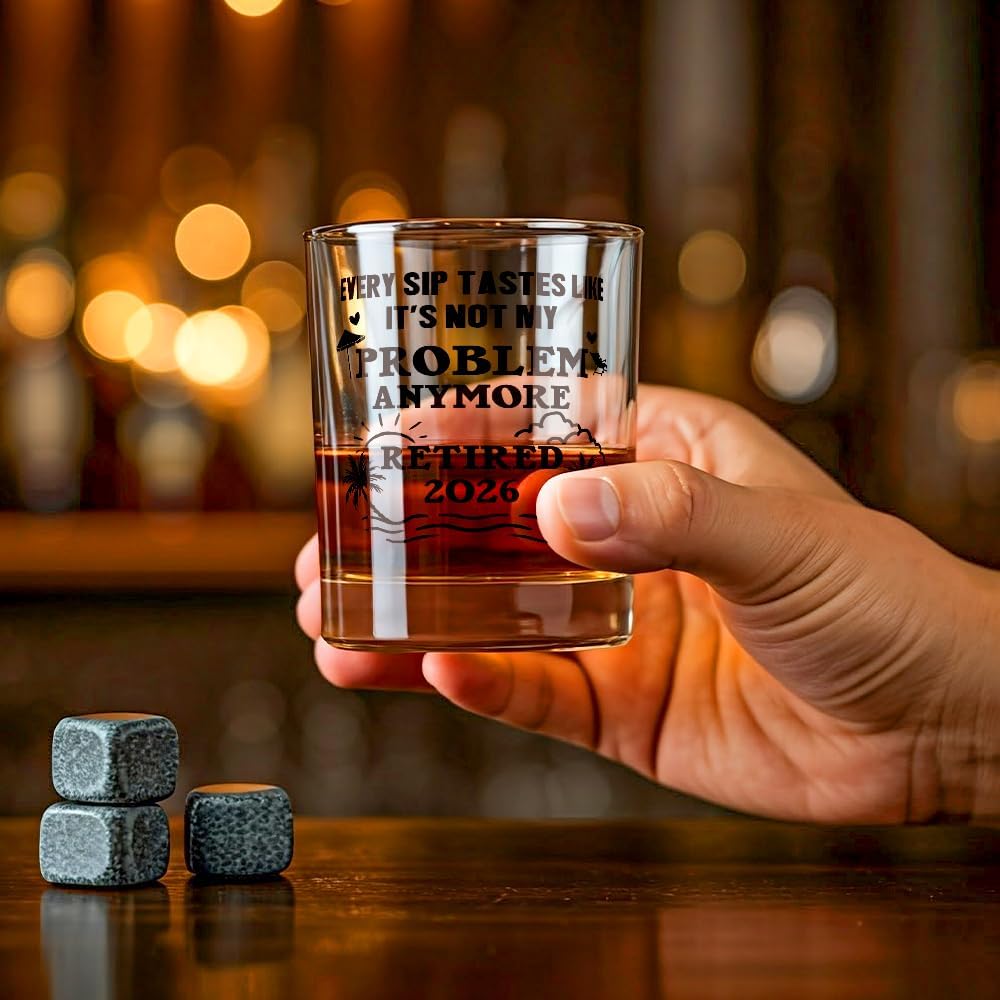 Fatbaby Retired 2026 Not My Problem Anymore Whiskey Glasses, Funny Retirement Gifts For Men Coworker Boss Dad Grandpa Old Fashioned Wine Glass 10 OZ - Image 5