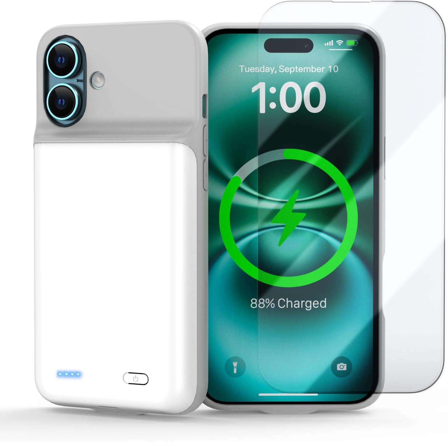 Battery Case for iPhone 16 Plus(6.7inch), Ultra-Slim 7000mAh Portable Extended Charging Charger Case [2026 Upgraded] Rechargeable Battery Back with Tempered Glass Screen Protector, White