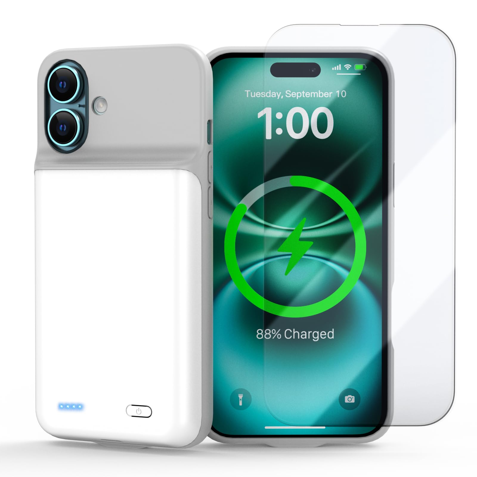 Battery Case for iPhone 16 Plus(6.7inch), Ultra-Slim 7000mAh Portable Extended Charging Charger Case [2026 Upgraded] Rechargeable Battery Back with Tempered Glass Screen Protector, White