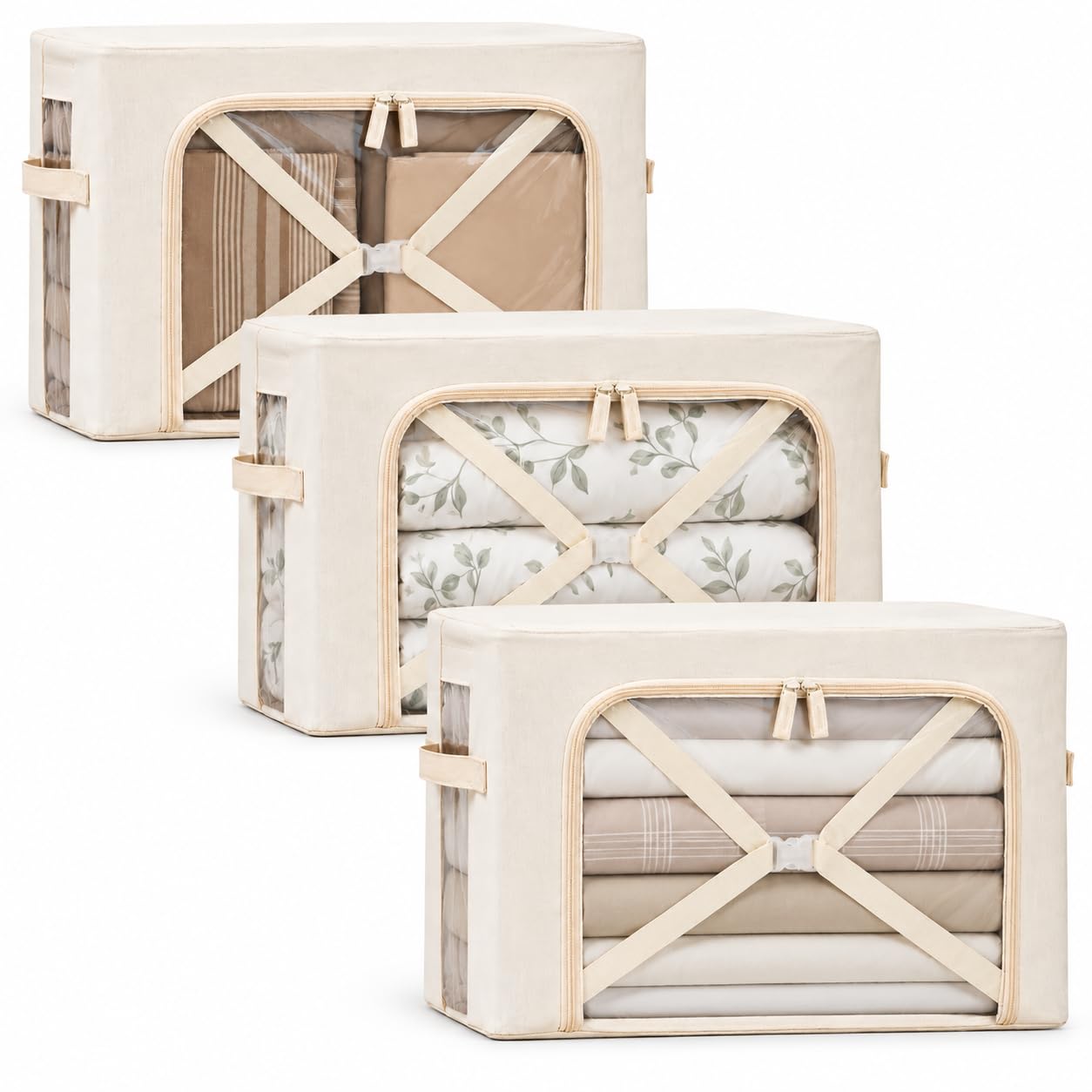 FUSACONY Bedding Storage Foldable Bed Sheet Organisers, 3 Pack, Off-white