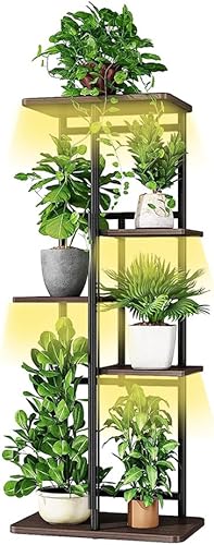 Soporte para plantas con luces de crecimiento, múltiples macetas, soporte para maceta, estante para patio, jardín, esquina, balcón, sala de estar (5