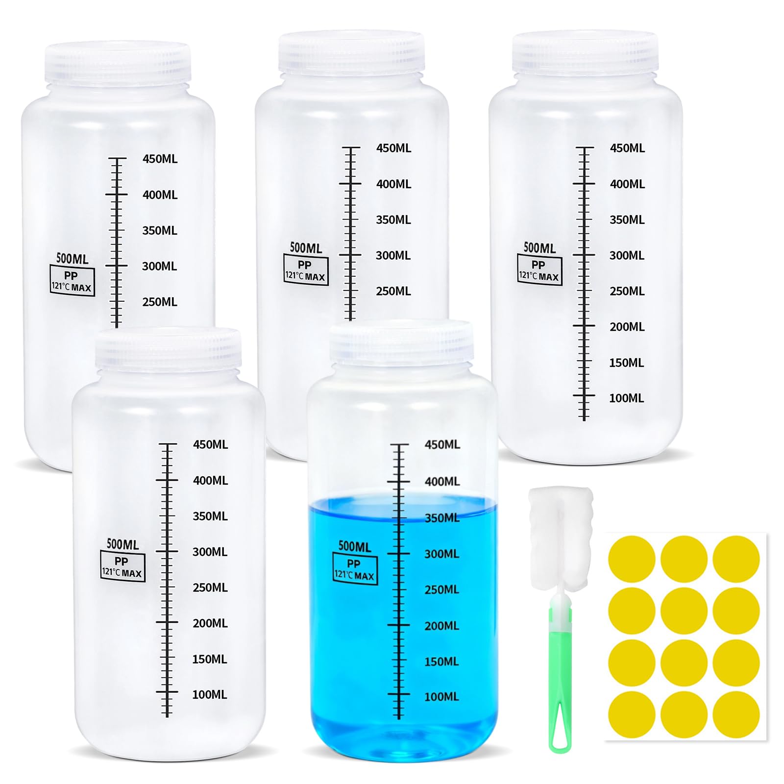 JSUOEO 5 adet geniş ağızlı şişe 500 ml, ölçekli laboratuvar şişesi