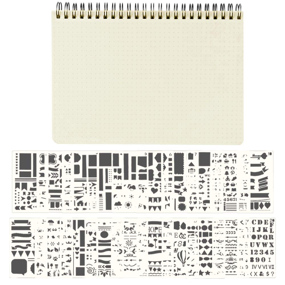 A5 Dotted Spiral Notebook with 20 Pcs Journal Planner Stencils, AIFUDA Grid Notebook 8.27 5.91in, Diary Scrapbook DIY Drawing Bullet Template