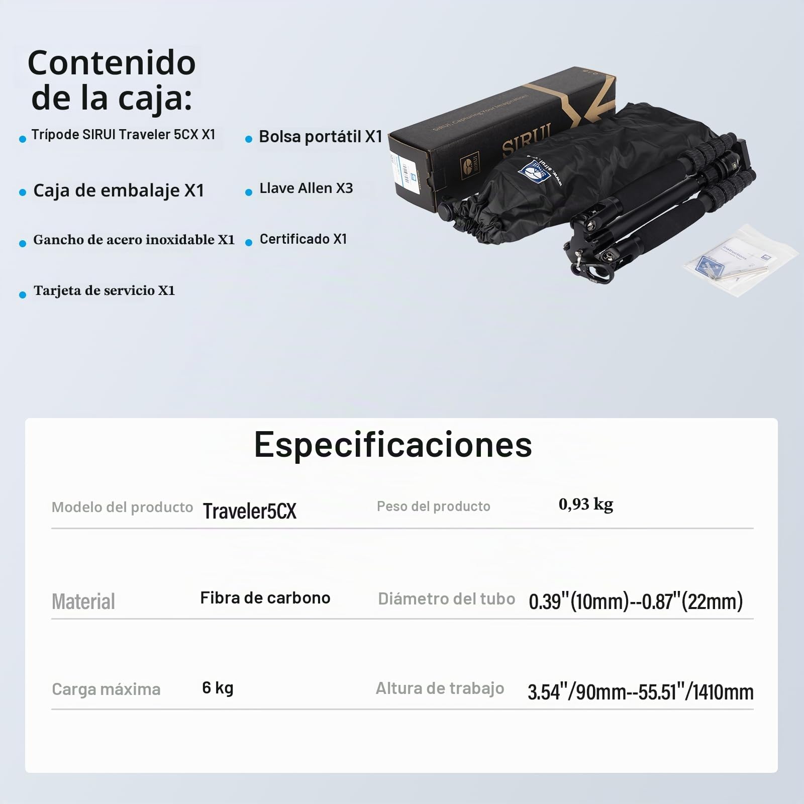 SIRUI Trípode Compacto de Fibra de Carbono de 52pulgadas con Cabeza de Bola y Placa Incorporada para Arca, Solo 0,72kg Carga de hasta 6kg - Traveler 5CX