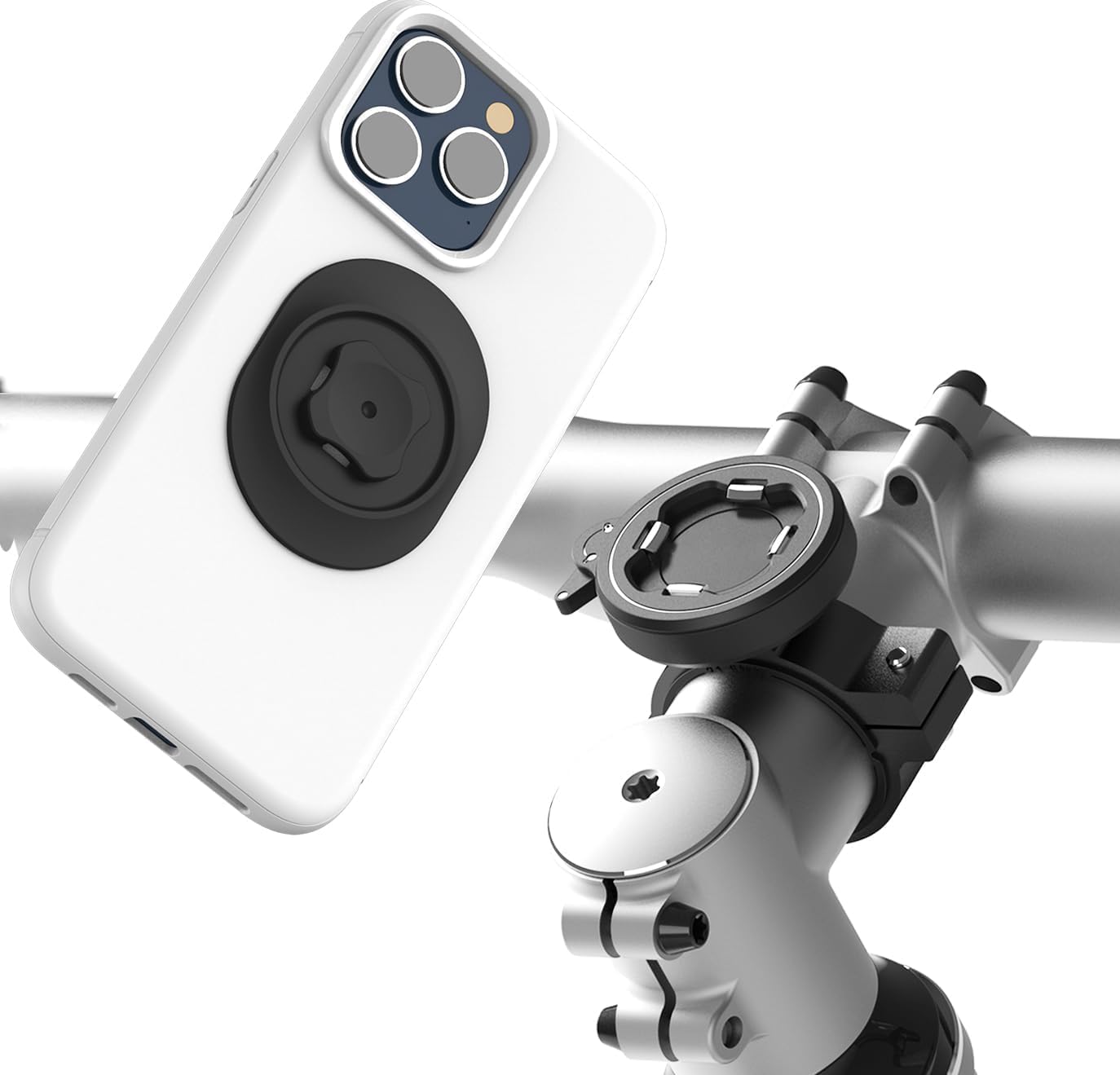 CQ Bike Phone Mount - Motorcycle Cell Phone Holder with Secure Dual Lock, 1-Hand Quick Snap & Twist Release, Stable Aluminum Stem/Handlebar Clamp for e-Scooter, eBike, MTB, Mountain & Road Bicycle