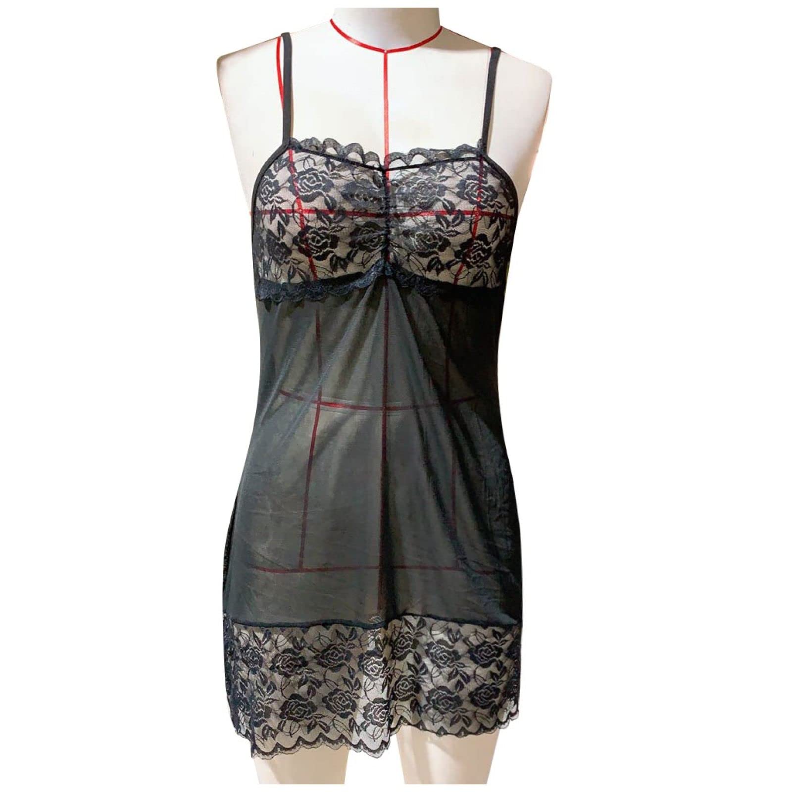 Conjuntos de lencería navideña: Ropa Interior de Encaje Floral Transparente para Mujer, Vestido de Moda, camisón Sensual (Negro, Talla XL)