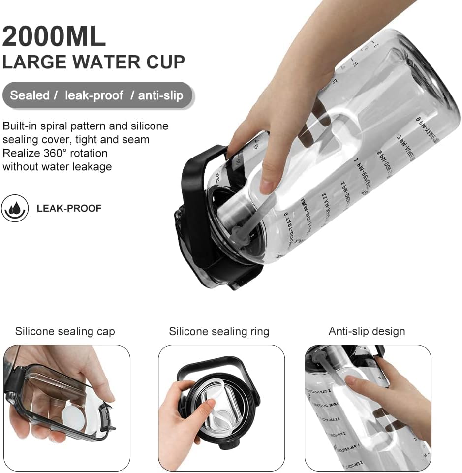 Image of 2 L Capacity Water Bottle Transparent Motivational Water Bottles with Time Marker Leak proof & break-proof With straw,3D Sticker,2D Stickers, Bottle cleaner Brush (Black)