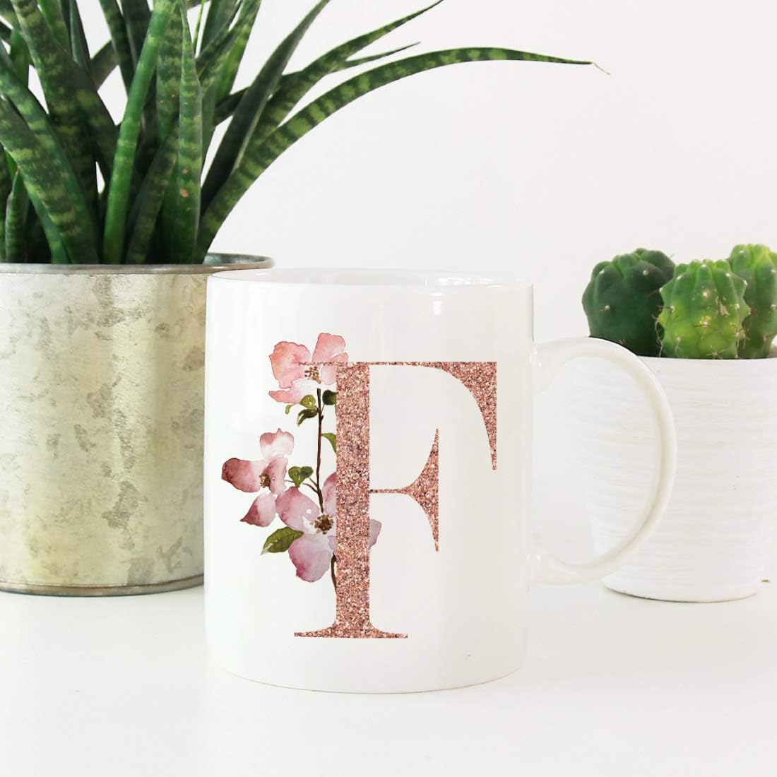 Andaz Press 11oz. Coffee Mug Gift, Pink Watercolor Roses with Faux Rose Gold Glitter Monogram Letter F, 1-Pack, Includes Gift Box, Christmas Birthday Mother's Day Graduation Coworker Present Ideas