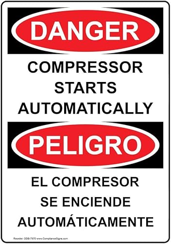 ComplianceSigns.com PELIGRO Compresor comienza automáticamente OSHA Bilingüe Sign, 10x7 pulgadas plástico para maquinaria avisos industriales