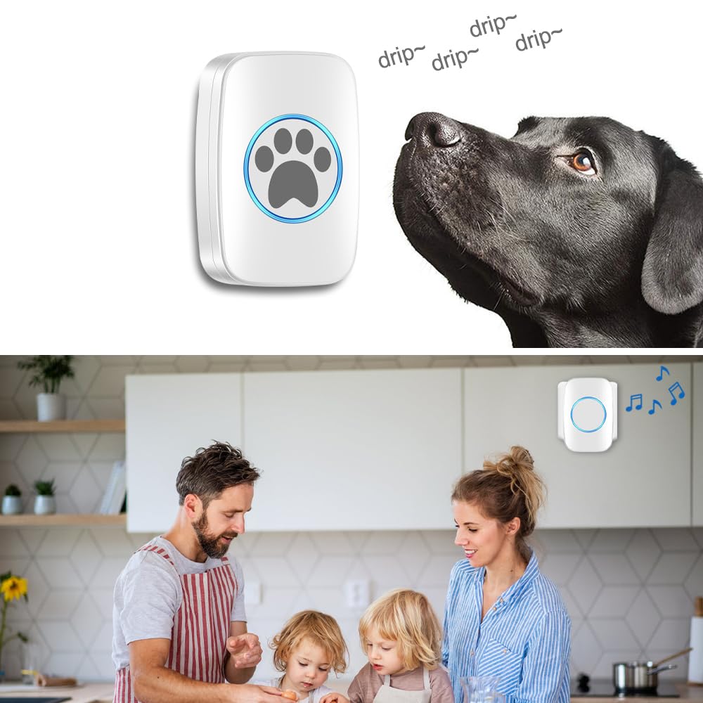 DONGKER Campanas de entrenamiento inalámbricas para mascotas, timbre inalámbrico para perros/gato, timbre de puerta IP44 resistente al agua con 60 tonos de llamada y 5 niveles de volumen ajustable