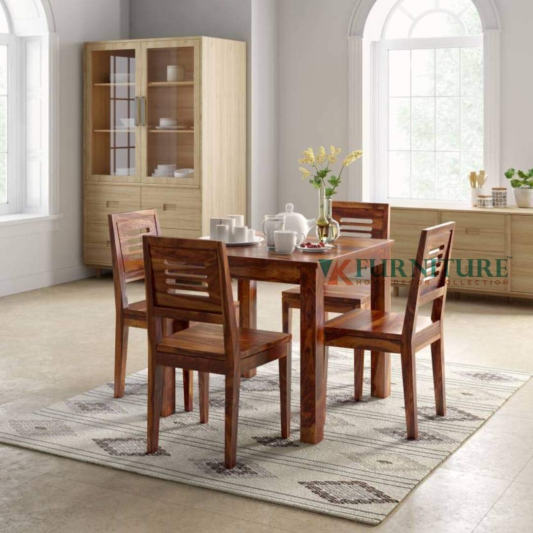 VK Furniture Sheesham Solid Wood 4 Seater Dining Table Set of Four with 4 Chairs for Dinner Hall Kitchen Living Room Home Office Restaurant |L45 X W30 X H30|Natural Teak Finish